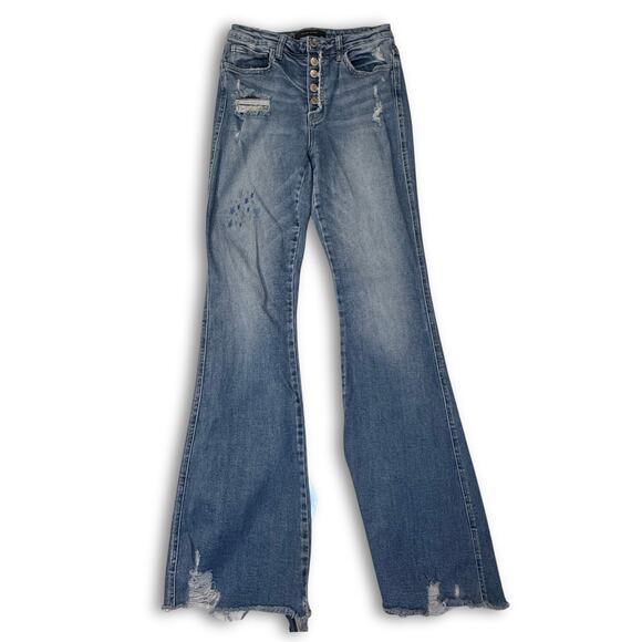 Flying Monkey Denim - Distressed Flare Jeans With Button Fly High Waisted Jeans | 28 | Flying Monkey